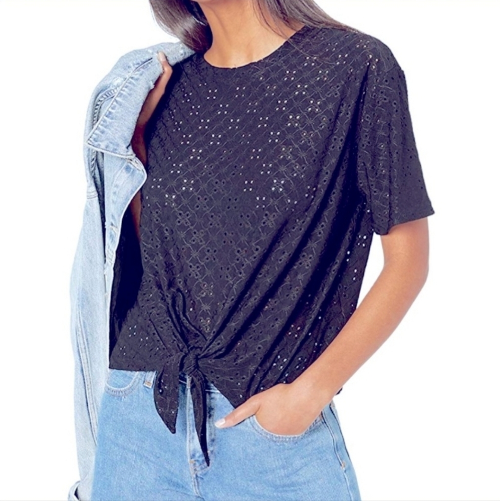 Nanette Lepore Navy Blue Eyelet Lace Tie-Front Top Small